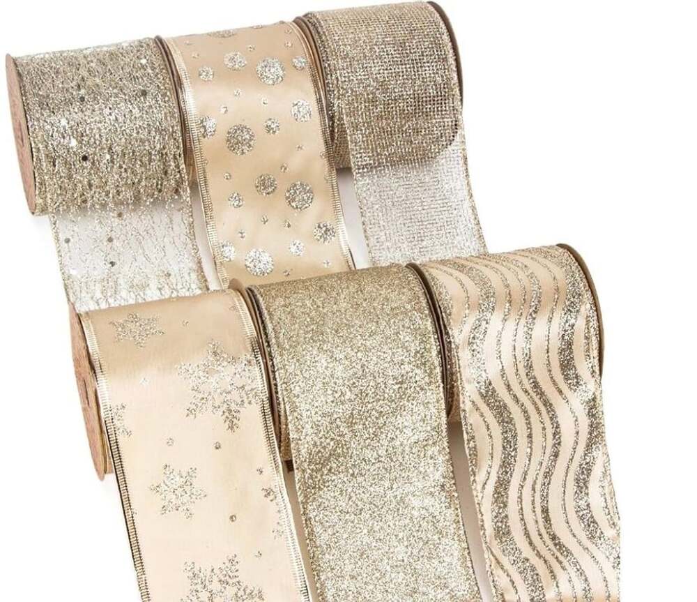 Ribbli 6 PCS Gold Glitter Christmas Ribbon Wired 2.5 Inch